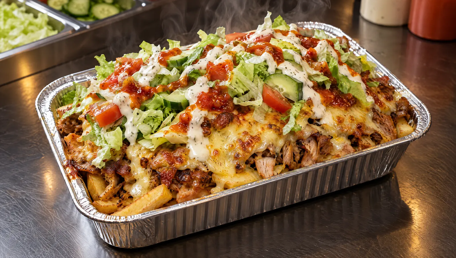 Sfeerbeeld: grote kapsalon met kipshoarma, gesmolten kaas, salade, knoflooksaus en sambal in een bakje