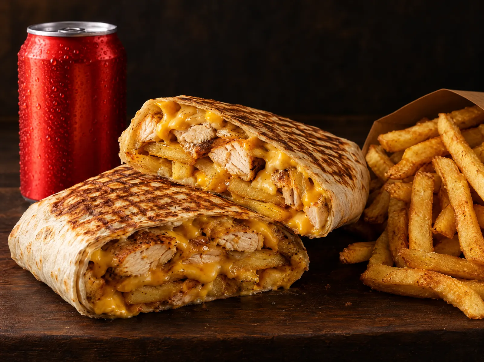 Sfeerbeeld: French taco doorgesneden, gevuld met kip, gesmolten cheddar en friet