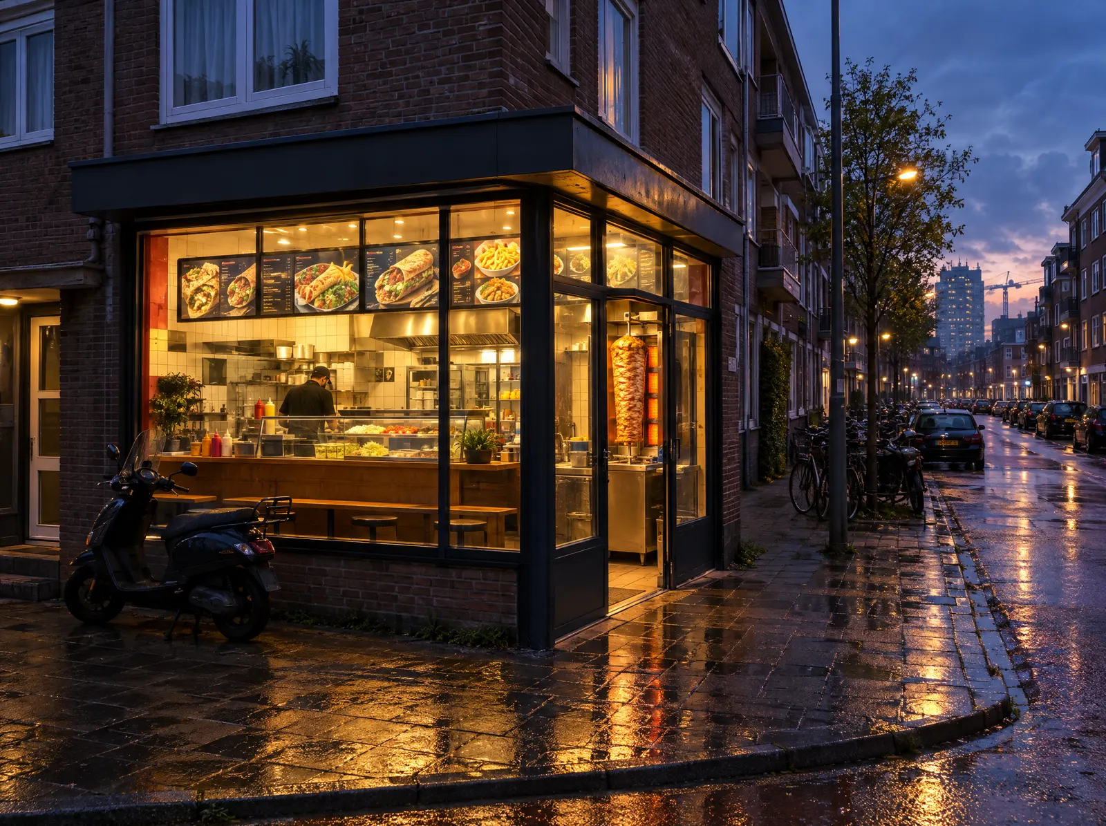 Sfeerbeeld: verlichte shoarmazaak op een hoek in Charlois bij avond, met de shoarmagrill achter het raam